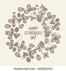 Black and white round frame sketch composition postcard with many symbol objects around the text about St.Patricks Day decorated on white background vector illustration