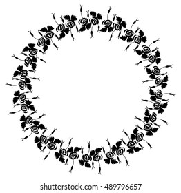 Black and white round frame with stylized roses silhouettes. Vector clip art.