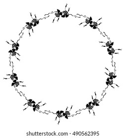 Black and white round frame with stylized roses silhouettes and free space for text. Vector clip art.