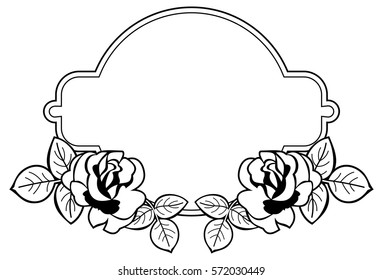 Black and white round frame with stylized roses silhouettes. Vector clip art.