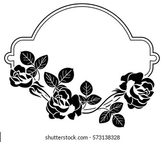 Black and white round frame with stylized roses silhouettes. Vector clip art.