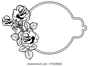 Black and white round frame with stylized roses silhouettes. Vector clip art.