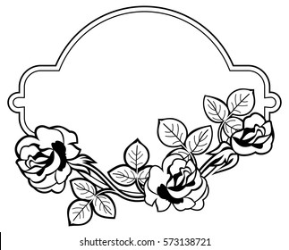 Black and white round frame with stylized roses silhouettes. Vector clip art.