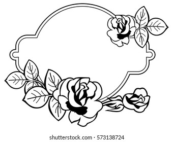 Black and white round frame with stylized roses silhouettes. Vector clip art.