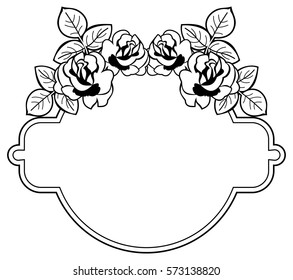 Black and white round frame with stylized roses silhouettes. Vector clip art.