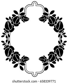 Black and white round frame with stylized roses silhouettes. Vector clip art.