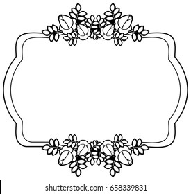 Black and white round frame with stylized roses silhouettes. Vector clip art.