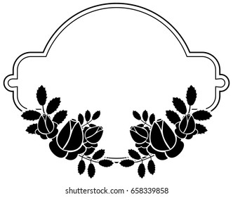 Black and white round frame with stylized roses silhouettes. Vector clip art.