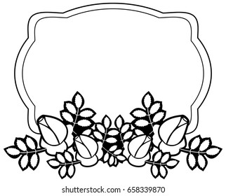 Black and white round frame with stylized roses silhouettes. Vector clip art.