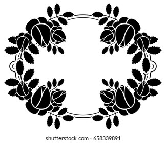 Black and white round frame with stylized roses silhouettes. Vector clip art.