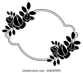 Black and white round frame with stylized roses silhouettes. Vector clip art.