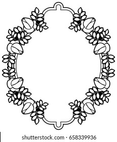 Black and white round frame with stylized roses silhouettes. Vector clip art.