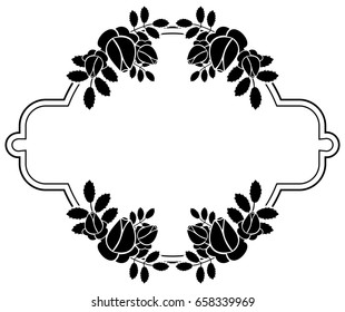 Black and white round frame with stylized roses silhouettes. Vector clip art.