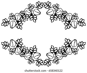 Black and white round frame with stylized roses silhouettes. Vector clip art.