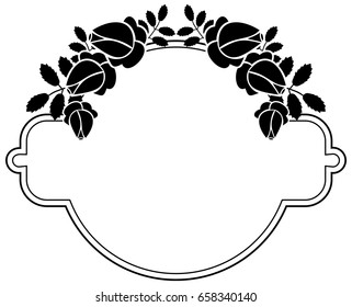 Black and white round frame with stylized roses silhouettes. Vector clip art.