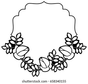 Black and white round frame with stylized roses silhouettes. Vector clip art.