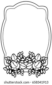 Black and white round frame with stylized roses silhouettes. Vector clip art.
