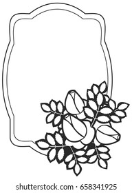 Black and white round frame with stylized roses silhouettes. Vector clip art.