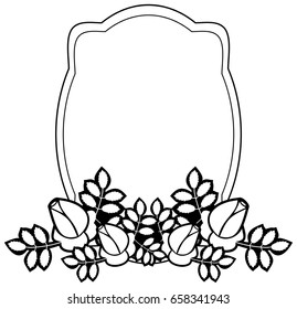 Black and white round frame with stylized roses silhouettes. Vector clip art.