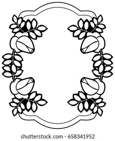 Black and white round frame with stylized roses silhouettes. Vector clip art.