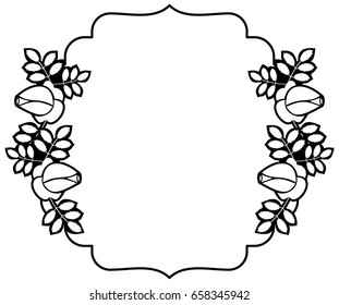 Black and white round frame with stylized roses silhouettes. Vector clip art.
