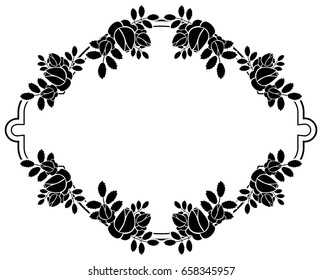 Black and white round frame with stylized roses silhouettes. Vector clip art.