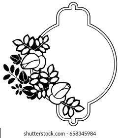 Black and white round frame with stylized roses silhouettes. Vector clip art.