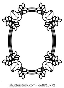 Black and white round frame with stylized roses silhouettes. Vector clip art.