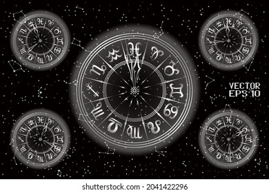 Black and White Round Frame with Zodiac Signs. Horoscope Symbol. Panoramic Sky Map of Hemisphere. Bright Constellations on Starry Night Background. Vector. 3D Illustration