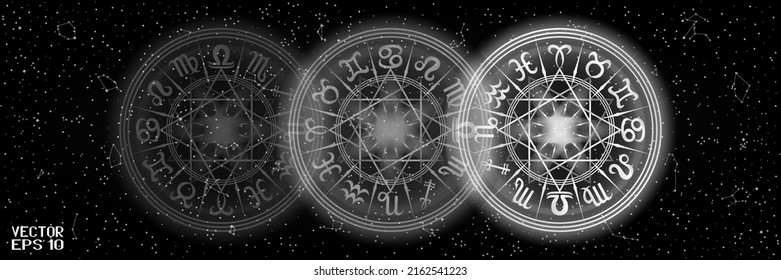 Black and White Round Frame with Zodiac Signs. Horoscope Symbol. Panoramic Sky Map of Hemisphere. Glowing Constellations on Starry Night Background. Vector. 3D Illustration