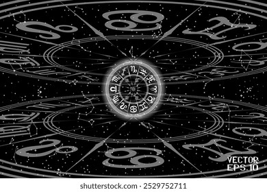 Black and White Round Frame with Zodiac Signs. Horoscope Symbol. Panoramic Sky Map of Hemisphere. Glowing Constellations on Starry Night Background. Raster. 3D Illustration