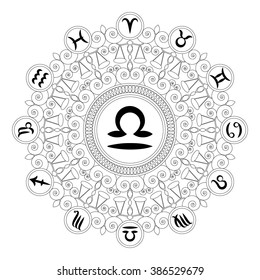 black and white round geometric mandala with zodiac symbol of libra - adult coloring book