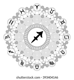 black and white round geometric mandala with zodiac symbol of sagittarius - adult coloring book