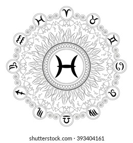 black and white round geometric mandala with zodiac symbol of pisces - adult coloring book page 
