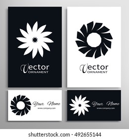 Black and white round geometric ornaments and business cards set. Decorative design mandala elements for logo, icon, label, invitation cards. Isolated floral patterns, stylized flowers.