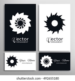 Black and white round geometric ornaments and business cards set. Decorative design mandala elements for logo, icon, label, invitation cards. Isolated floral patterns, stylized flowers.