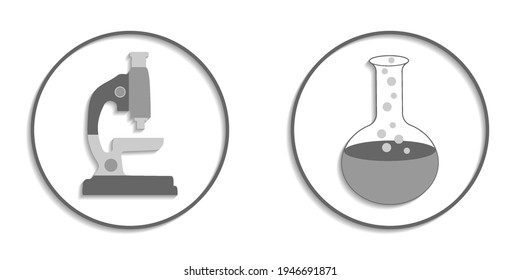 Black and white round icons with shadows. Chemical flask and microscope