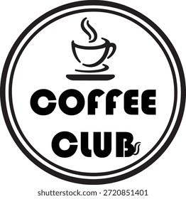 Logo redondo en blanco y negro con taza de bebida caliente y tipografía en negrita. 