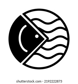 black and white round logo with fish and waves