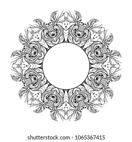 Black and white round mandala frame with a boho pattern. Doodle illustration for sketch of invitation, printing on T-shirts, covers and your creativity. Coloring for adults