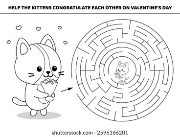 Black and white round maze. Help the cat find the way. Maze game for kids. labyrinth. Isolated vector illustration eps 10
