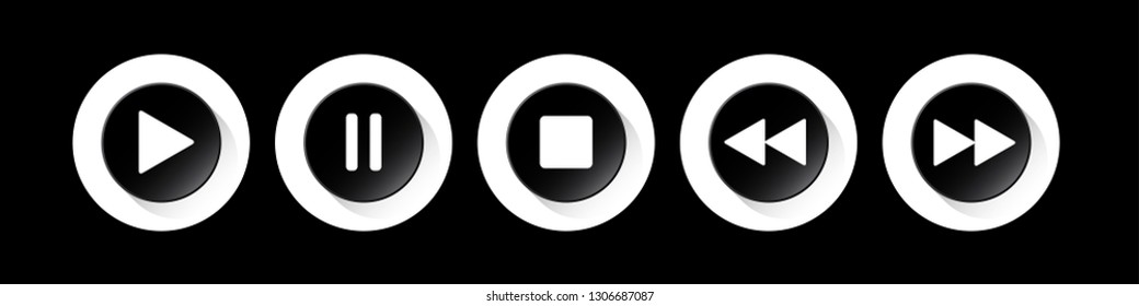black, white round music control buttons set - five icons with shadows in front of a black background