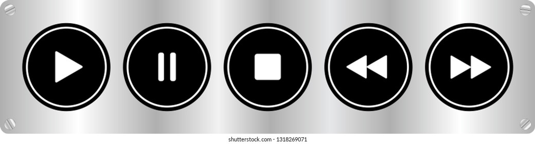 black, white round music control buttons set - five buttons on a sheet metal plate with rounded corners with screws