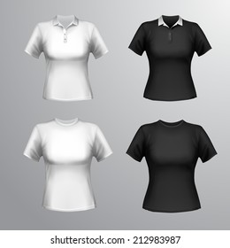 Black And White Round Neck And Polo Short Sleeve T-shirts Female Set Isolated Vector Illustration