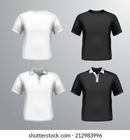 Black And White Round Neck And Polo T-shirts Male Set Isolated Vector Illustration