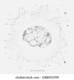 Black and White Round Network Wireframe with Brain Mesh on White Background Vector - Cloud Computing - Artificial Intelligence Design