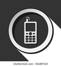 black and white round - old mobile phone, antenna and signal icon with long shadow