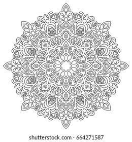 Black and White Round Pattern. Ethnic Hand Drawn Mandala. Monochrome Orient Arabesque. Large Detailed Circular Ornament