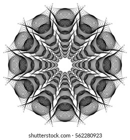 Black and white round rosette. Guilloche element for certificate or diploma, isolated. Vector clip art.