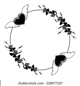 Black and white round silhouette frame with roses and flying heart. Valentine day background. Vector clip art.